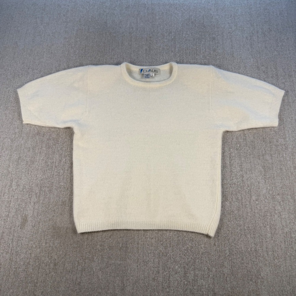 VTG Chaus Sweater Women L Cream Short Sleeve Lambswool Angora Rabbit Knit Top